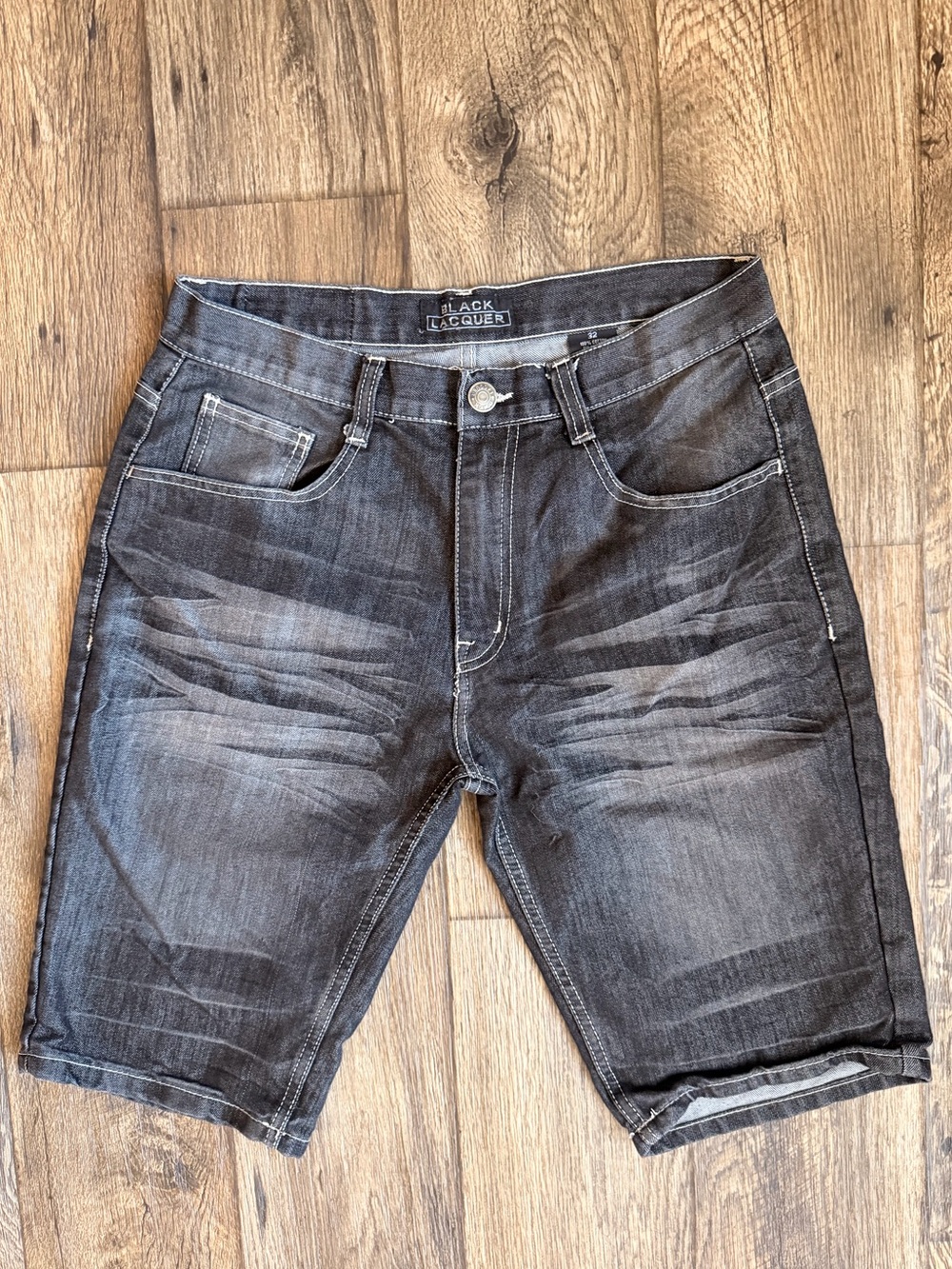 Y2K Black Lacquer Denim Jorts Shorts Size 32 Black Faded Skater Streetwear